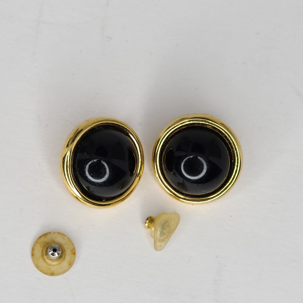 Vintage AK Anne Klein Black With Gold Tone Round Button Earrings - Picture 6 of 9